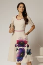 Rochie midi bej clos cu imprimeu magenta si decolteu in V, 1, dyfashion.ro