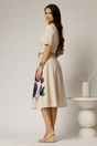 Rochie midi bej clos cu imprimeu magenta si decolteu in V, 2, dyfashion.ro
