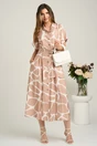 Rochie midi bej cu alb din viscoza in clini cu nasturi si cordon in talie, 1, dyfashion.ro