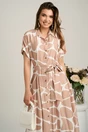 Rochie midi bej cu alb din viscoza in clini cu nasturi si cordon in talie, 2, dyfashion.ro