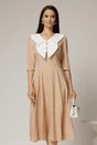 Rochie midi bej cu buline si guler amplu croi clos, 1, dyfashion.ro