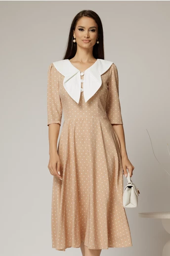 Rochie midi bej cu buline si guler amplu croi clos