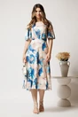 Rochie midi bej cu flori albastre din viscoza in clos cu pliuri pe bust, 3, dyfashion.ro
