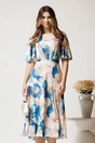 Rochie midi bej cu flori albastre din viscoza in clos cu pliuri pe bust, 1, dyfashion.ro