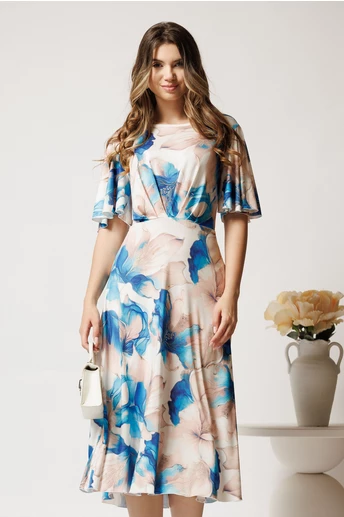 Rochie midi bej cu flori albastre din viscoza in clos cu pliuri pe bust