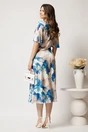 Rochie midi bej cu flori albastre din viscoza in clos cu pliuri pe bust, 2, dyfashion.ro