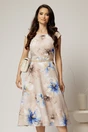 Rochie midi bej cu flori albastre in clos cu buzunare si curea in talie, 1, dyfashion.ro