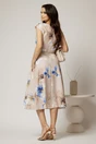 Rochie midi bej cu flori albastre in clos cu buzunare si curea in talie, 2, dyfashion.ro