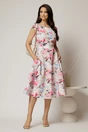 Rochie midi bej cu flori fucsia bleu in clos cu buzunare si curea in talie, 3, dyfashion.ro