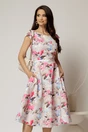 Rochie midi bej cu flori fucsia bleu in clos cu buzunare si curea in talie, 1, dyfashion.ro