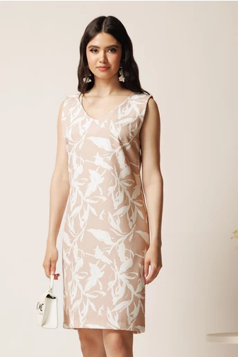 Rochie midi bej  cu imprimeu alb din viscoza