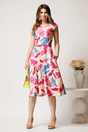 Rochie midi bej cu imprimeu fucsia si galben in clos cu buzunare si curea in talie, 3, dyfashion.ro