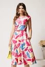 Rochie midi bej cu imprimeu fucsia si galben in clos cu buzunare si curea in talie, 1, dyfashion.ro