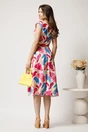 Rochie midi bej cu imprimeu fucsia si galben in clos cu buzunare si curea in talie, 2, dyfashion.ro