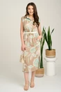 Rochie midi bej cu imprimeu verde mint din tencel cu elastic si curea in talie, 1, dyfashion.ro