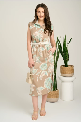 Rochie midi bej cu imprimeu verde mint din tencel cu elastic si curea in talie