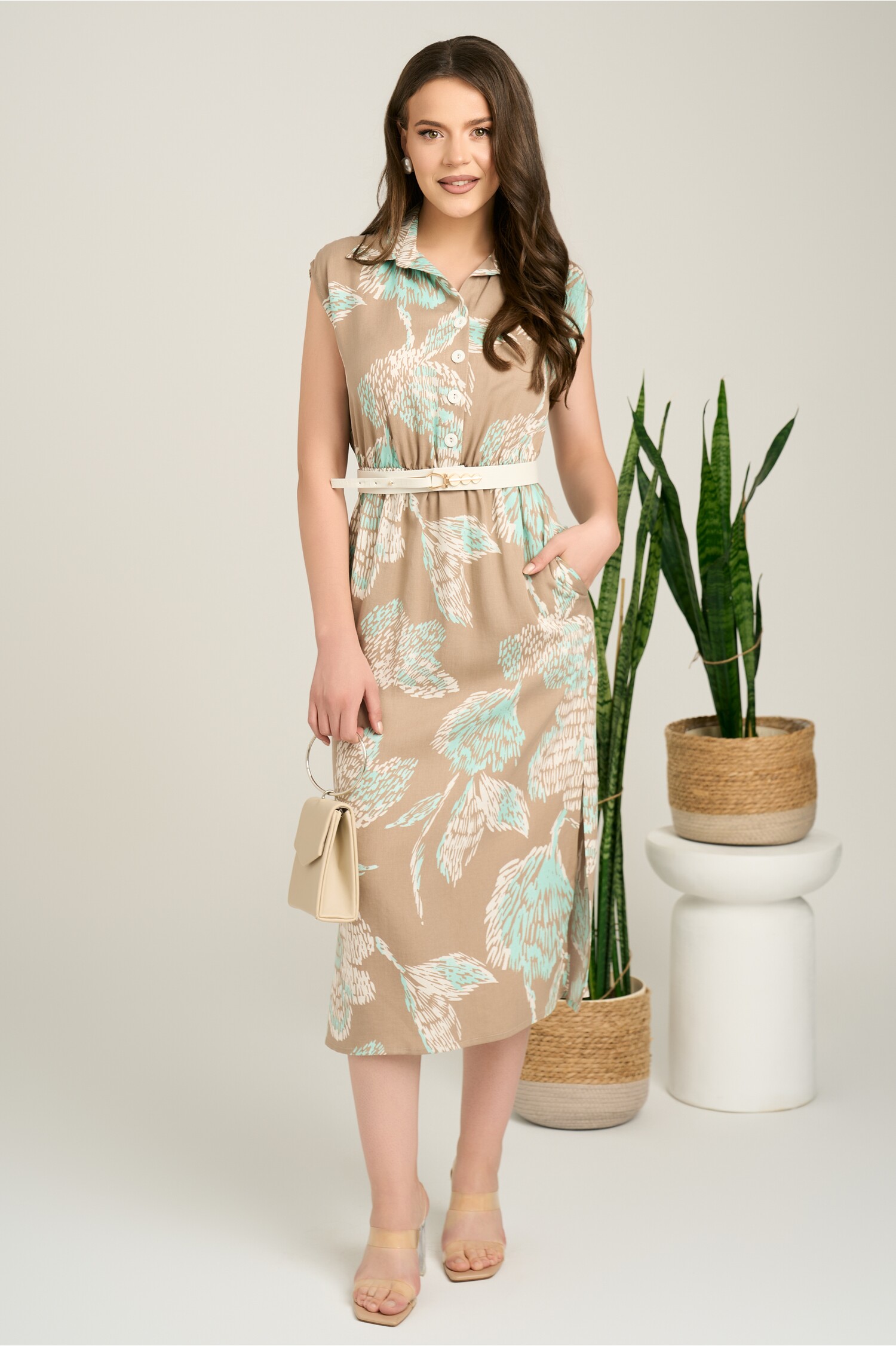 Rochie midi bej cu imprimeu verde mint din tencel cu elastic si curea in talie