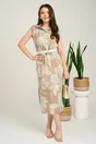 Rochie midi bej cu imprimeu verde mint din tencel cu elastic si curea in talie, 4, dyfashion.ro