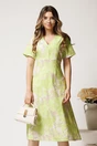 Rochie midi bej cu imprimeu verde neon din viscoza in clini, 1, dyfashion.ro