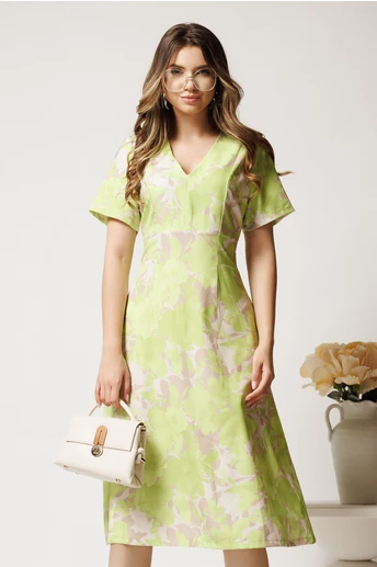 Rochie midi bej cu imprimeu verde neon din viscoza in clini