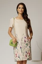 Rochie midi bej cu imprimeuri si croi drept cu buzunare, 1, dyfashion.ro