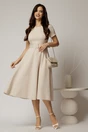 Rochie midi bej cu maneca scurta si curea in talie cu adaos de viscoza, 3, dyfashion.ro