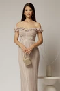 Rochie midi bej de ocazie cu bust tip corset si fusta plisata, 3, dyfashion.ro