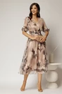 Rochie midi bej de ocazie cu imprimeuri gri si decolteu V, 3, dyfashion.ro