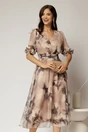 Rochie midi bej de ocazie cu imprimeuri gri si decolteu V, 1, dyfashion.ro