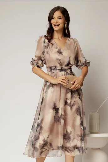 Rochie midi bej de ocazie cu imprimeuri gri si decolteu V