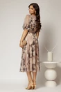 Rochie midi bej de ocazie cu imprimeuri gri si decolteu V, 2, dyfashion.ro