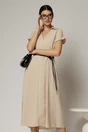 Rochie midi bej de vara din modal cu decolteu V si cordon in talie., 1, dyfashion.ro