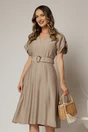 Rochie midi bej de zi din rayon cu decolteu V si curea in talie, 1, dyfashion.ro