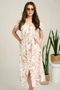 Rochie midi bej din bumbac cu imprimeuri albe si cordon in talie, 1, dyfashion.ro