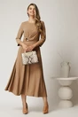 Rochie midi bej din crep in clos cu fronseu si aplicatie metalica in talie, 7, dyfashion.ro