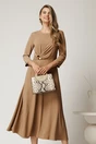 Rochie midi bej din crep in clos cu fronseu si aplicatie metalica in talie, 1, dyfashion.ro