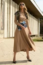 Rochie midi bej din crep in clos cu fronseu si aplicatie metalica in talie, 4, dyfashion.ro