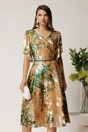 Rochie midi bej din matase in clos cu imprimeuri verzi, 1, dyfashion.ro