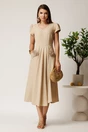 Rochie midi bej din material fluid in clos cu trandafiri pe buzunare, 3, dyfashion.ro