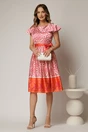 Rochie midi bej din satin in clos cu imprimeuri fucsia oranj si cordon in talie, 3, dyfashion.ro