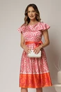 Rochie midi bej din satin in clos cu imprimeuri fucsia oranj si cordon in talie, 1, dyfashion.ro