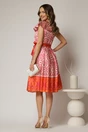 Rochie midi bej din satin in clos cu imprimeuri fucsia oranj si cordon in talie, 2, dyfashion.ro