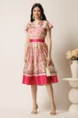 Rochie midi bej din satin in clos cu imprimeuri fucsia si cordon in talie, 3, dyfashion.ro