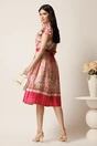 Rochie midi bej din satin in clos cu imprimeuri fucsia si cordon in talie, 2, dyfashion.ro