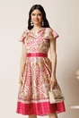 Rochie midi bej din satin in clos cu imprimeuri fucsia si cordon in talie, 1, dyfashion.ro