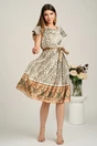 Rochie midi bej din satin in clos cu imprimeuri kaki si cordon in talie, 4, dyfashion.ro