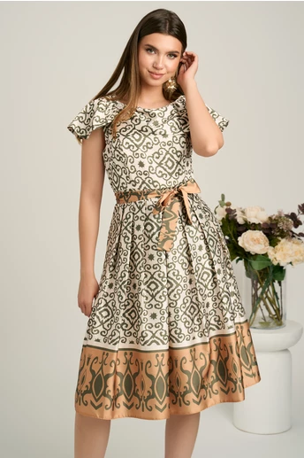 Rochie midi bej din satin in clos cu imprimeuri kaki si cordon in talie
