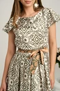 Rochie midi bej din satin in clos cu imprimeuri kaki si cordon in talie, 3, dyfashion.ro
