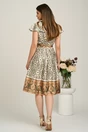 Rochie midi bej din satin in clos cu imprimeuri kaki si cordon in talie, 2, dyfashion.ro