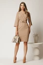 Rochie midi bej din stofa cu maneci tip lalea si curea in talie, 3, dyfashion.ro
